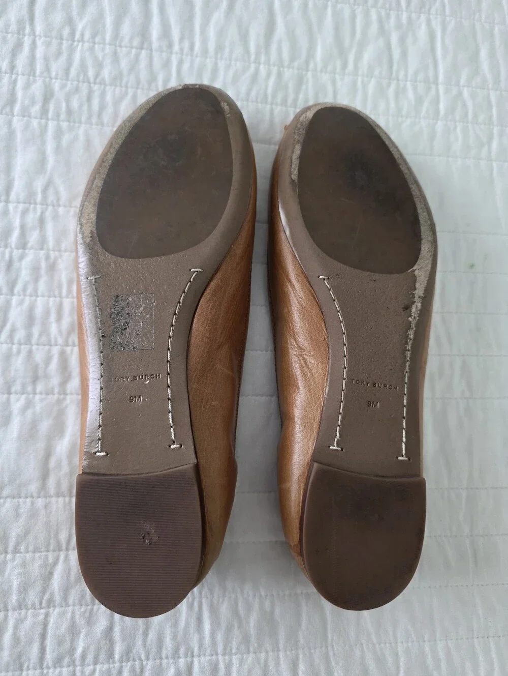 Tory Burch Multi Logo Tan Leather Reva Ballet Flats Size 9